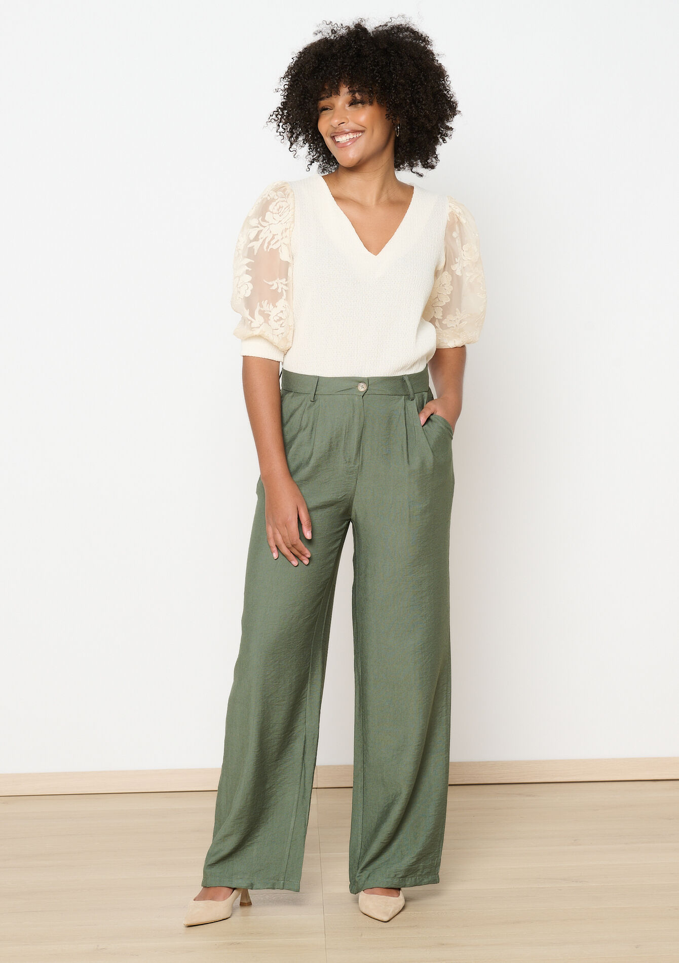 Embroidered sleeve textured top, Embroidered sleeve textured top - VANILLA WHITE - 02301764_1013