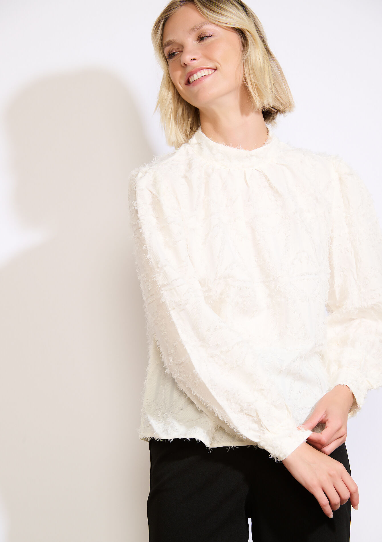 Blouse en jacquard frangé, Blouse en jacquard frangé - VANILLA WHITE - 05702857_1013