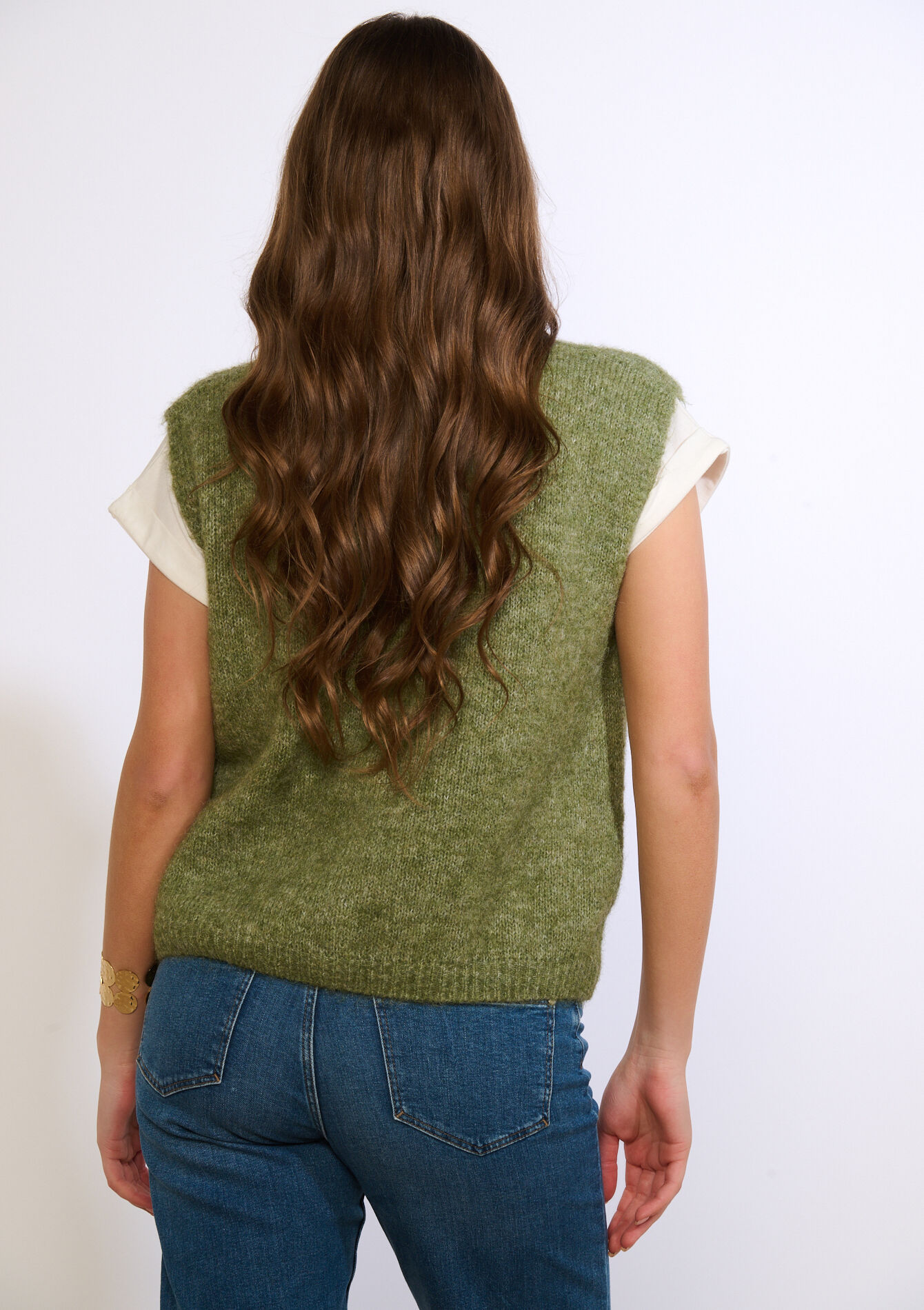 Sleeveless knit buttoned vest - GREEN MOSS - 04101442_4504