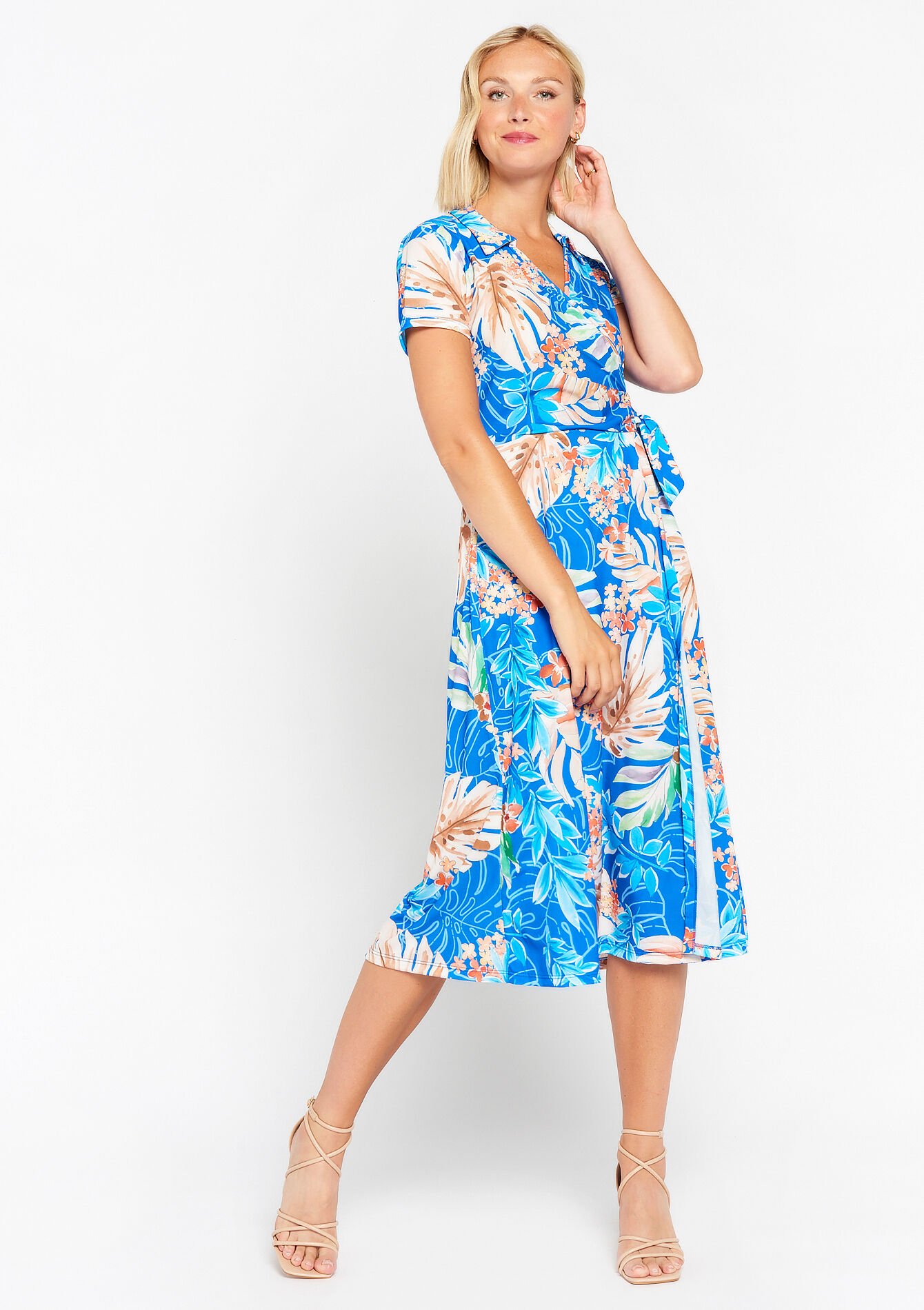 Robe cache-coeur à imprimé tropical, Robe cache-coeur à imprimé tropical - ELECTRIC BLUE - 08601992_1619