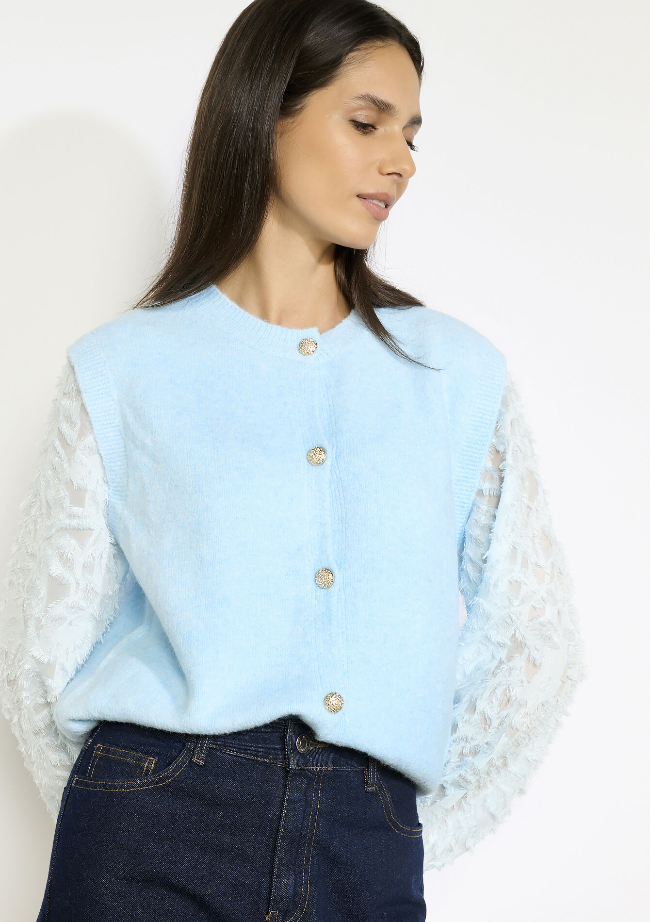 Gebreid vest met kantmouwen, Gebreid vest met kantmouwen - LT BLUE - 04007056