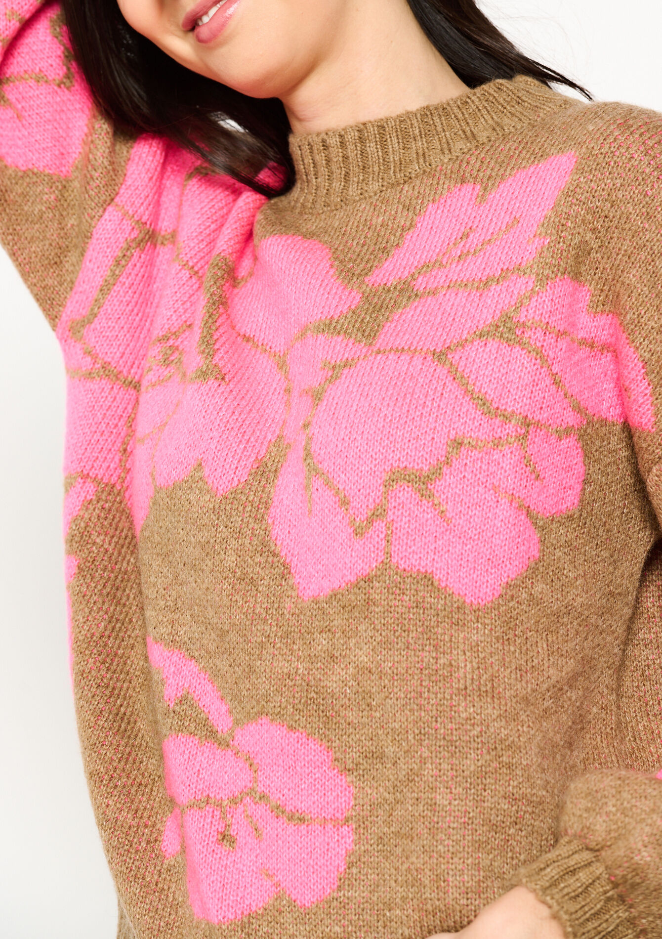 Jacquard trui met bloemenprint - TAUPE - 1120014