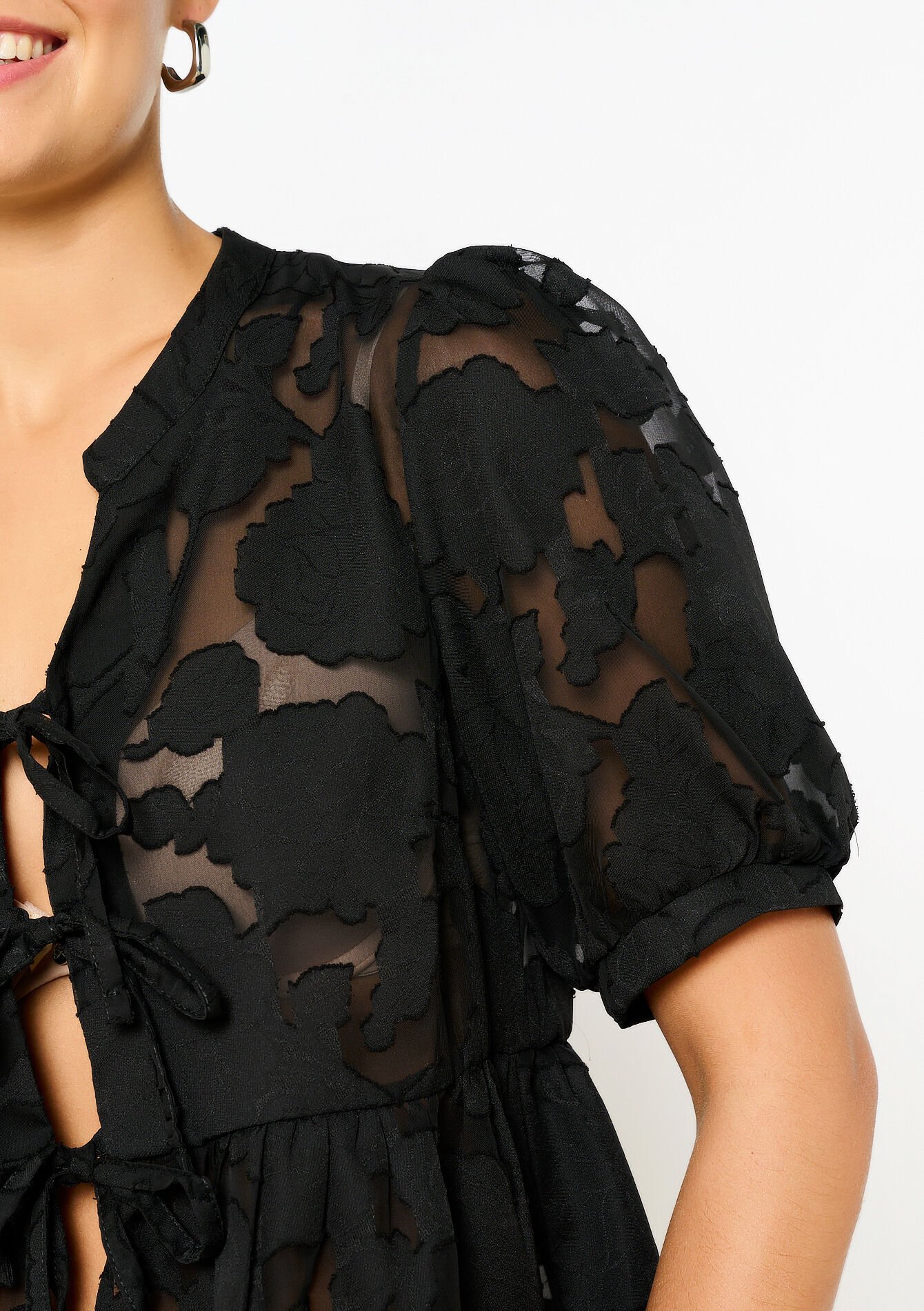 Blouse met kant en strikjes, Blouse met kant en strikjes - BLACK - 05702632_1119