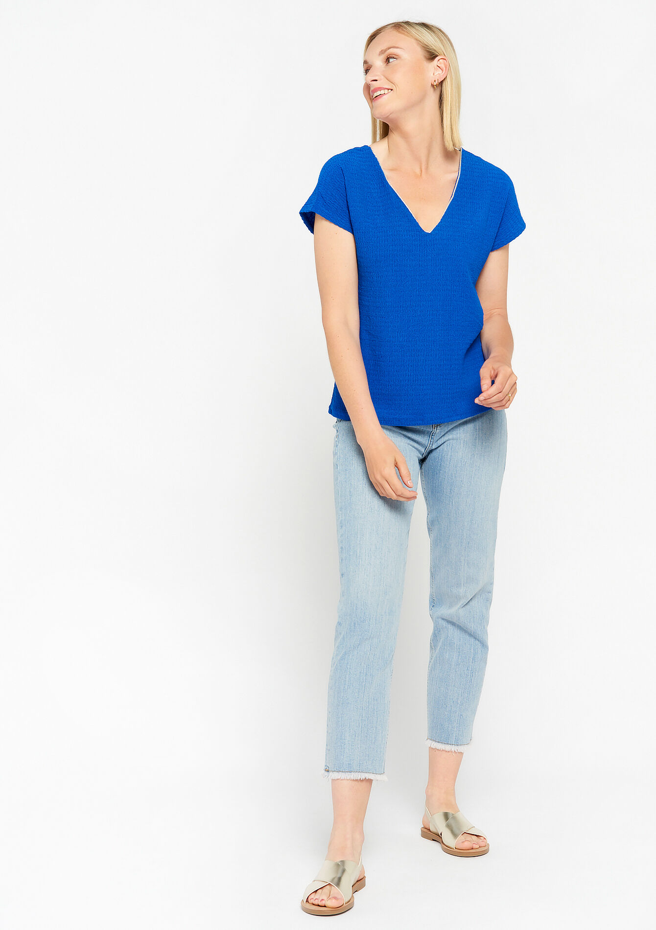 T-shirt met wafeltextuur - ELECTRIC BLUE - 02301445_1619