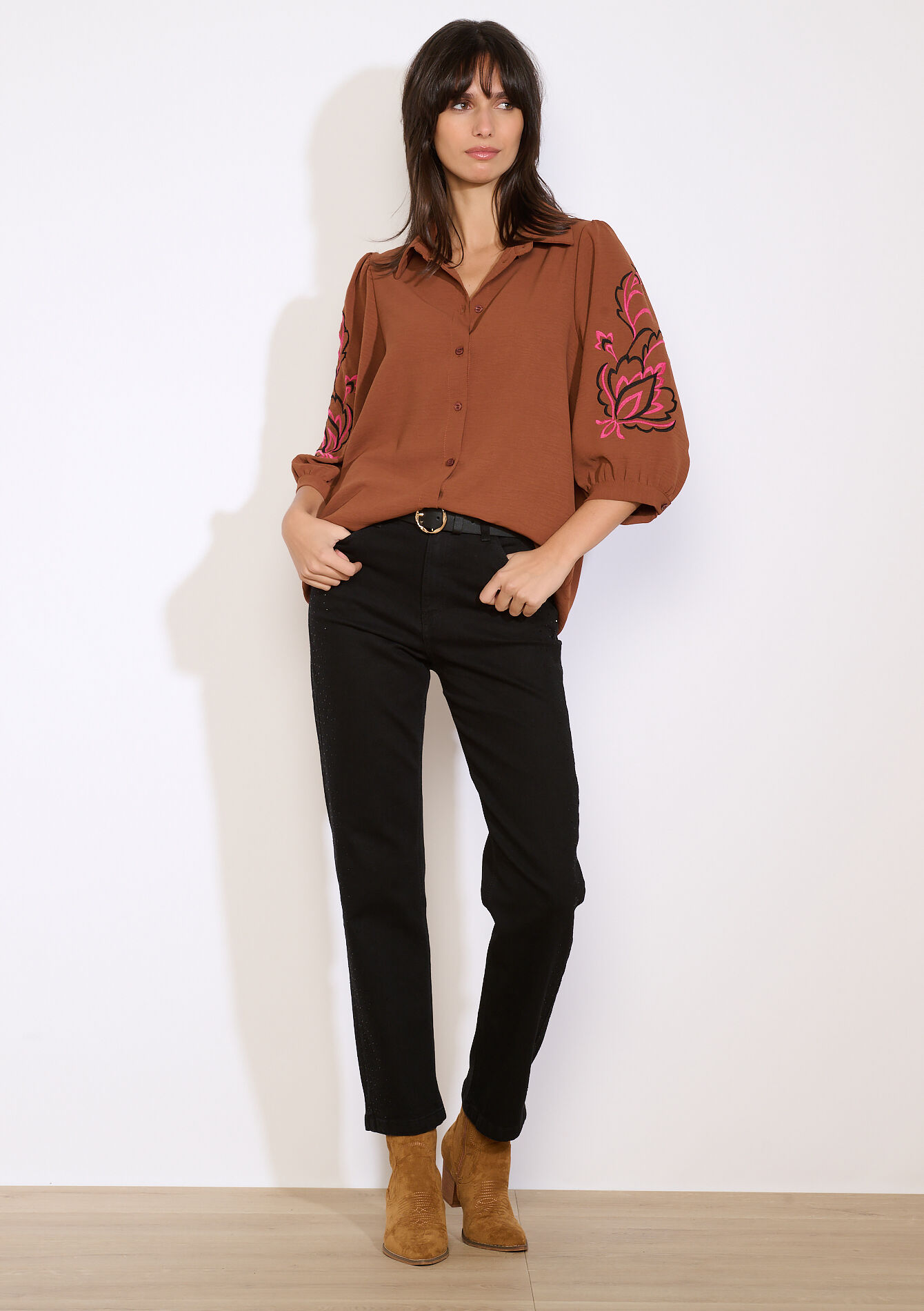 Chemise brodée manches 3/4, Chemise brodée manches 3/4 - CARAMEL - 05702990_1953