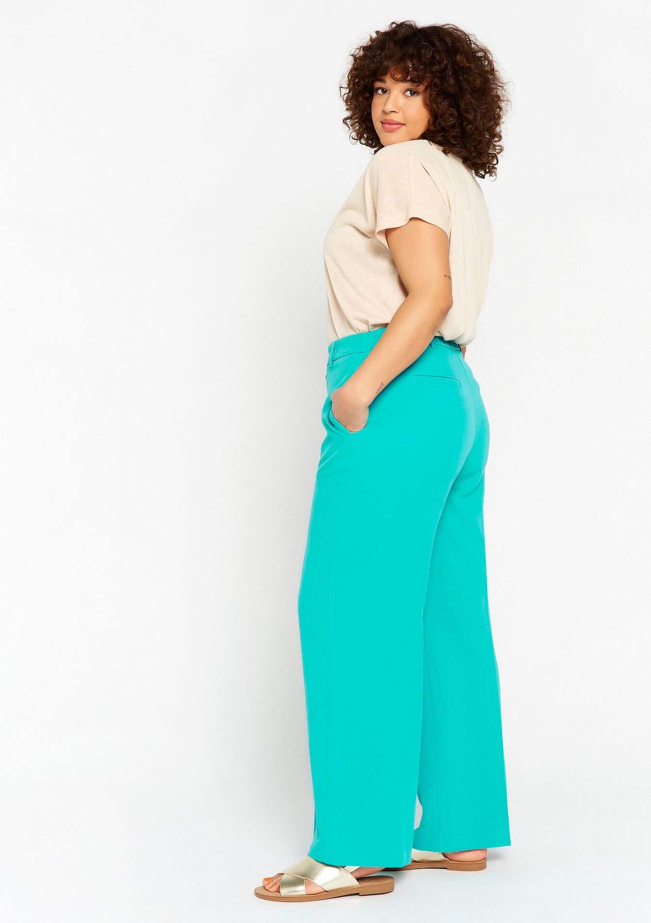 Pantalon évasé en sergé, Pantalon évasé en sergé - TURQUOISE - 06100501_1759