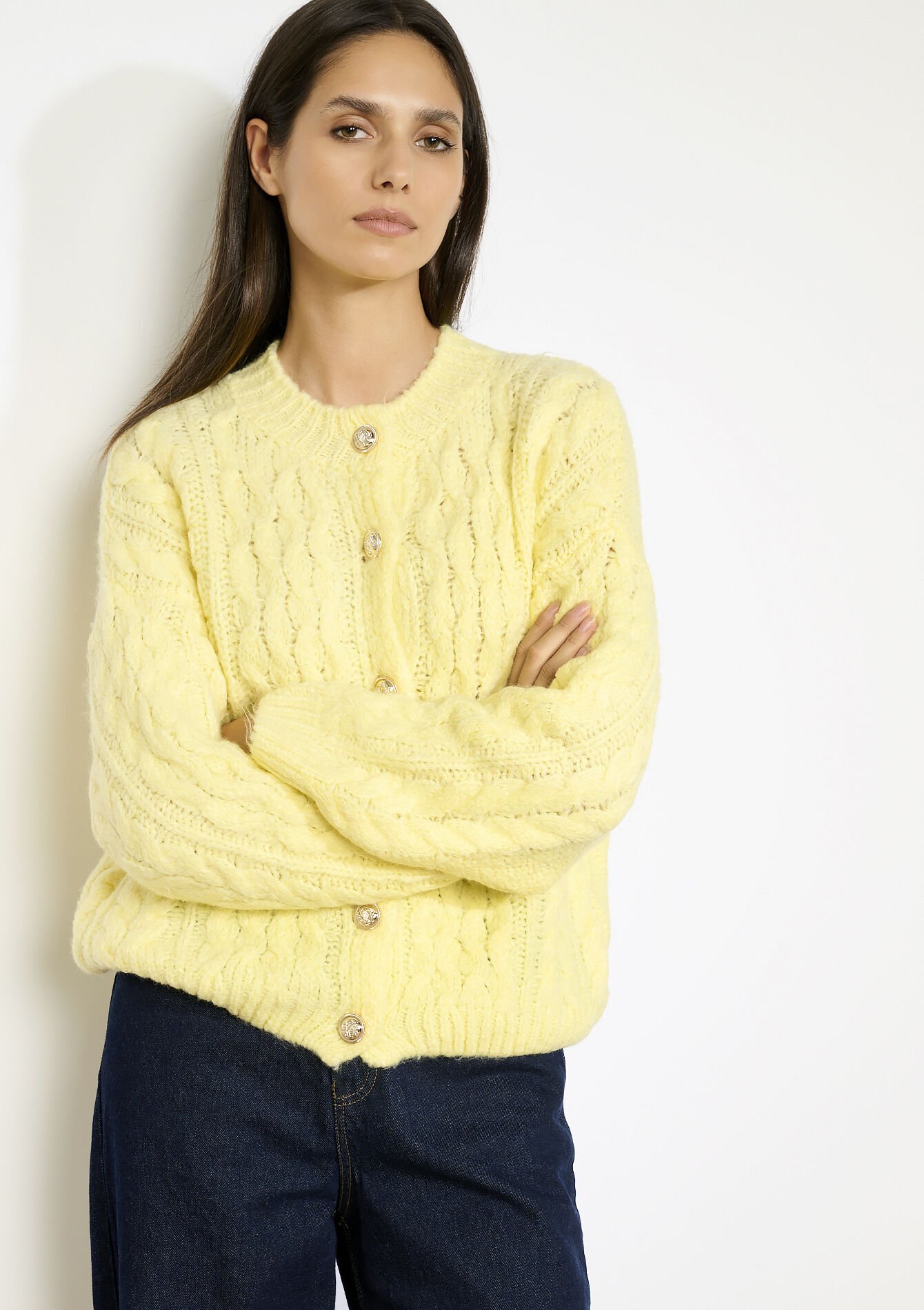 Kabelgebreide cardigan met knopen, Kabelgebreide cardigan met knopen, , back