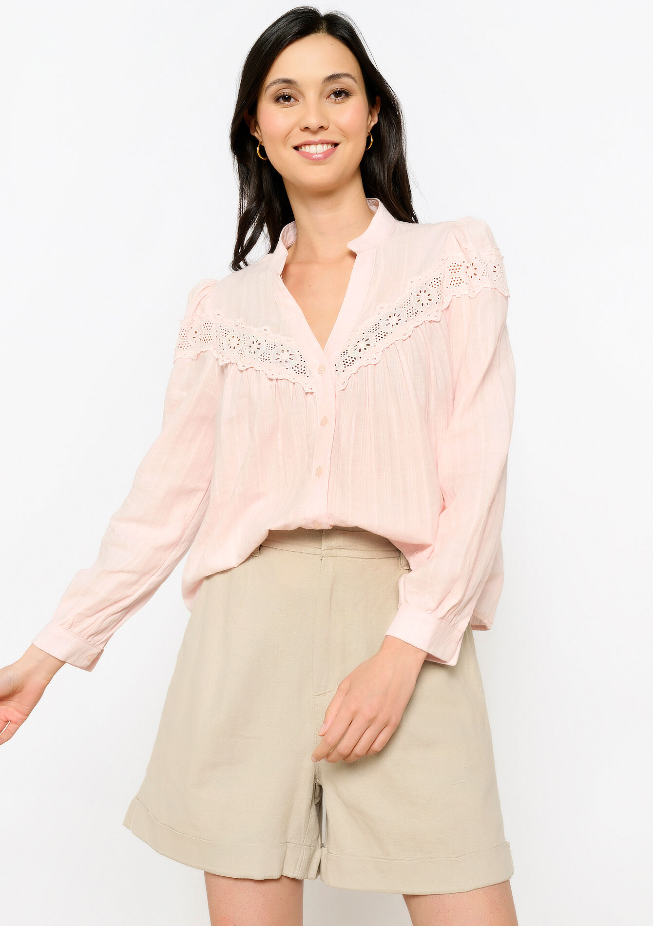 Katoenen hemd met macramé, Katoenen hemd met macramé - NUDE PINK - 05702439_1301