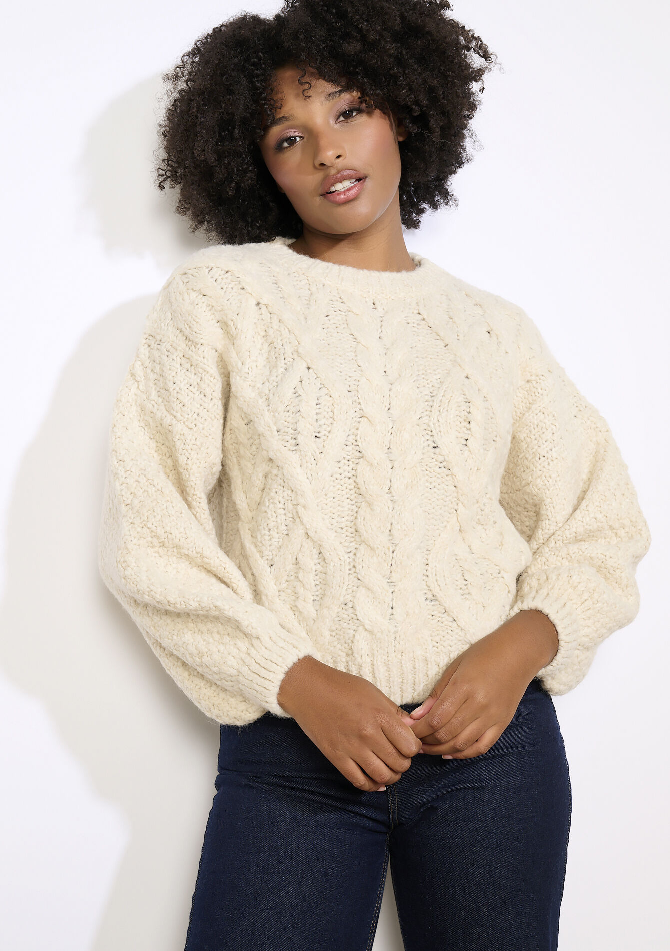 Dikke kabeltrui met col, Dikke kabeltrui met col - VANILLA WHITE - 04007127_1013