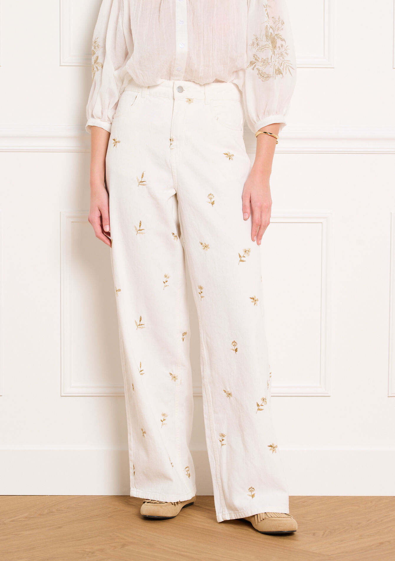 Wijde geborduurde broek, Wijde geborduurde broek - VANILLA WHITE - 06004667_1013