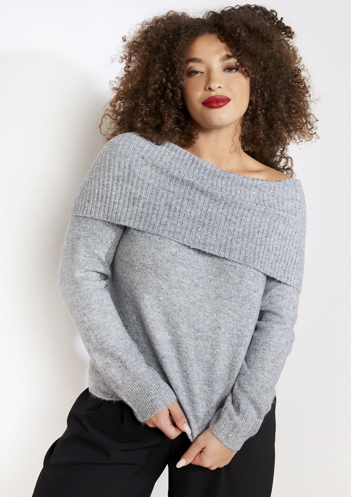 Off-shoulder sequin sweater - GREY MED MEL - 04006933