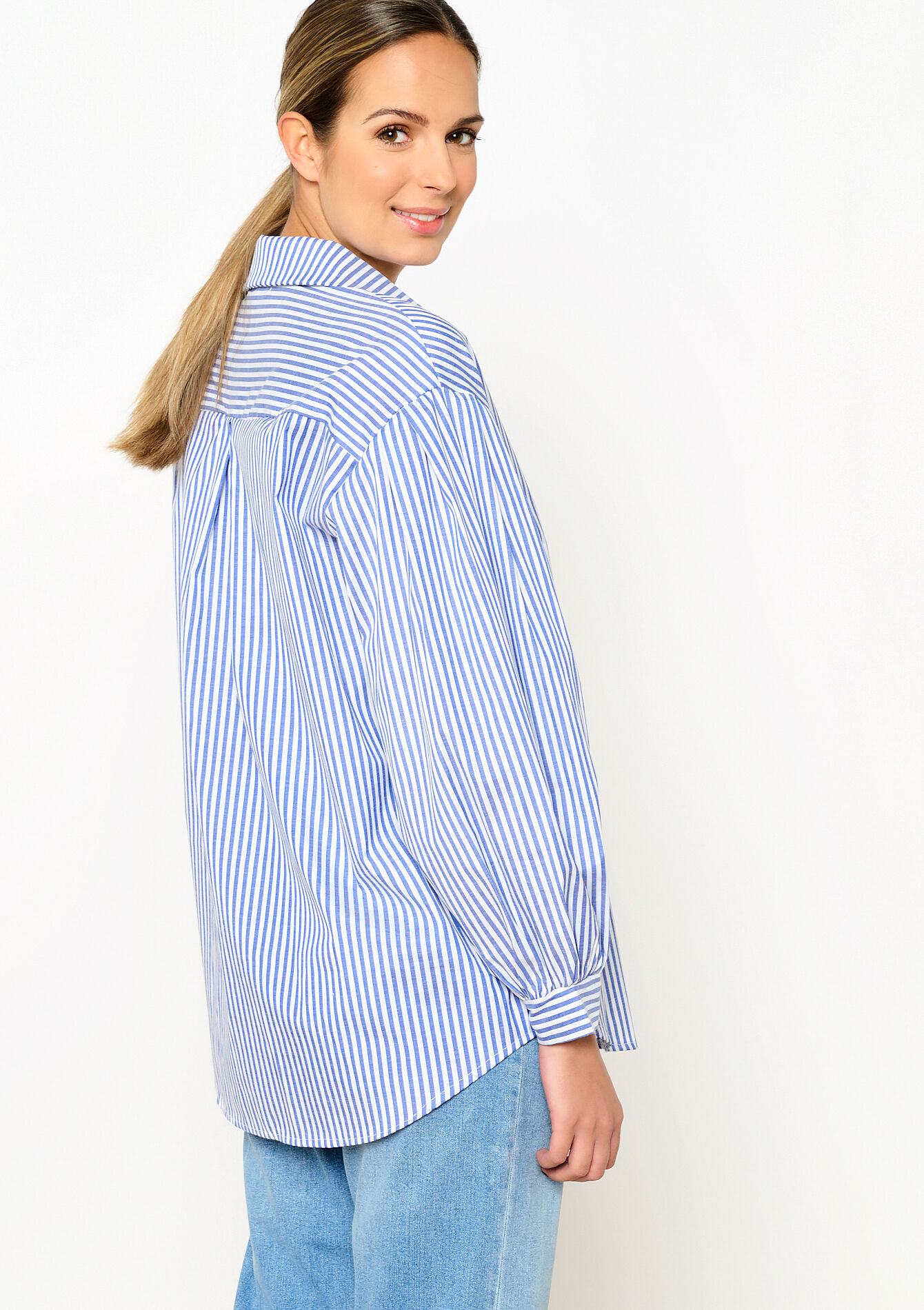 Oversized poplin shirt with stripes, Oversized poplin shirt with stripes - DARK BLUE - 05702437_0501