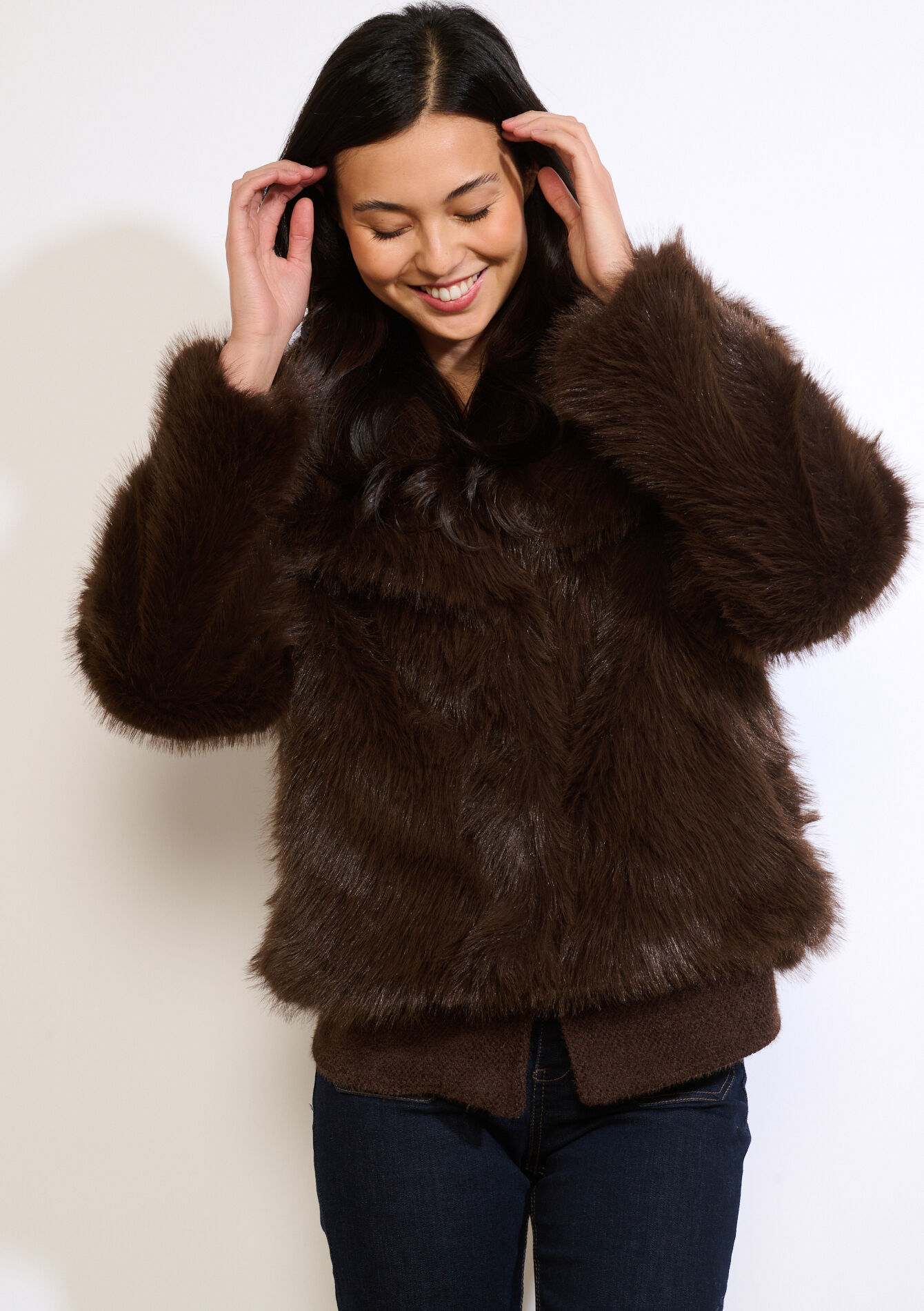 Faux fur jacket wide collar - BROWN DARK CHOCOLATE - 23000801_3720
