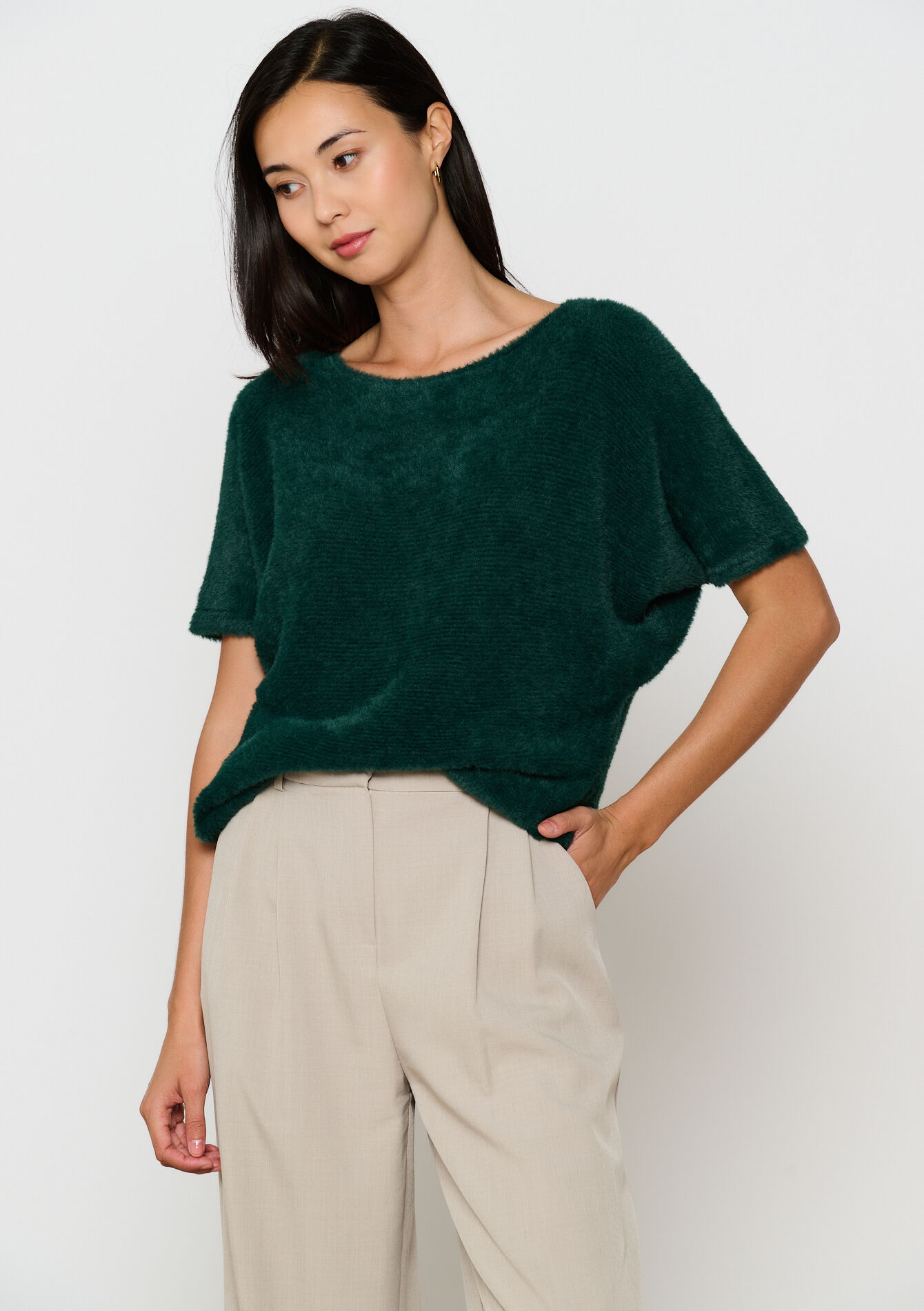 Pull à maille poilue à manches courtes - BOTTLE GREEN - 04006673_1778