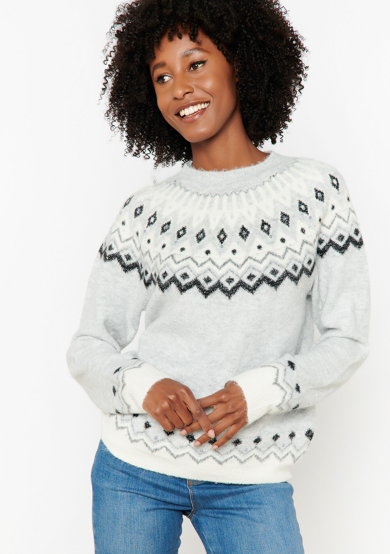 Jacquard pullover with crewneck, Jacquard pullover with crewneck - LT GREY MEL - 04006196