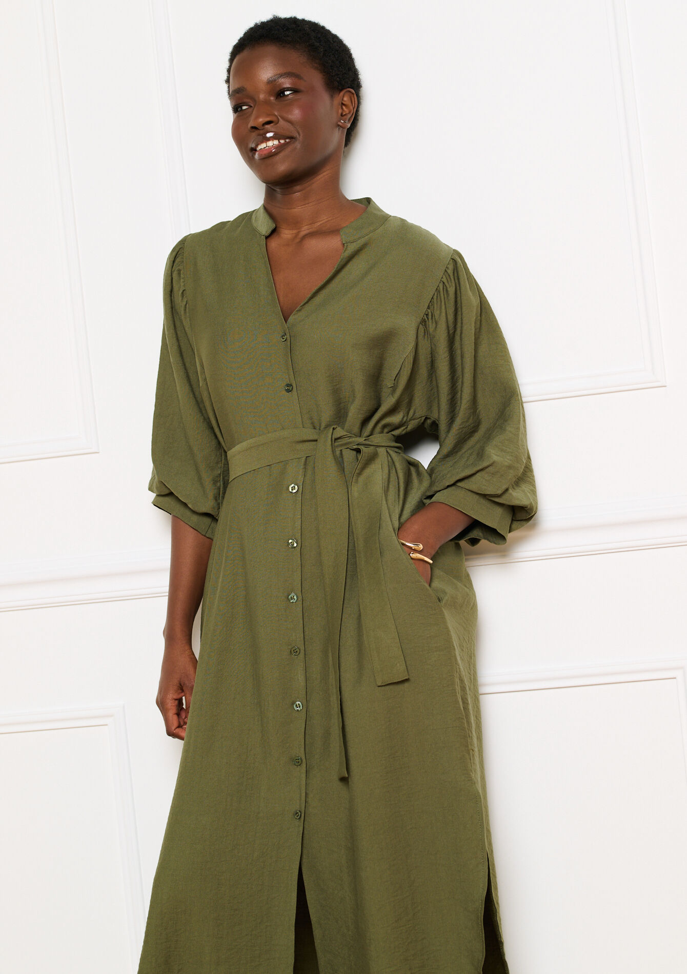 Vloeiende midi overhemdjurk, Vloeiende midi overhemdjurk - KHAKI MED - 08104495_4327