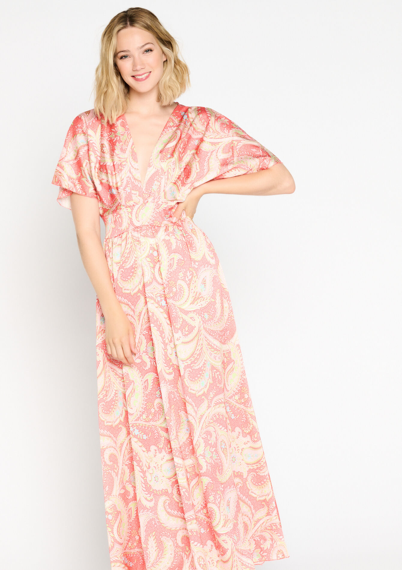 Robe longue à imprimé Paisley, Robe longue à imprimé Paisley - CORAL BRIGHT - 08602141_2007