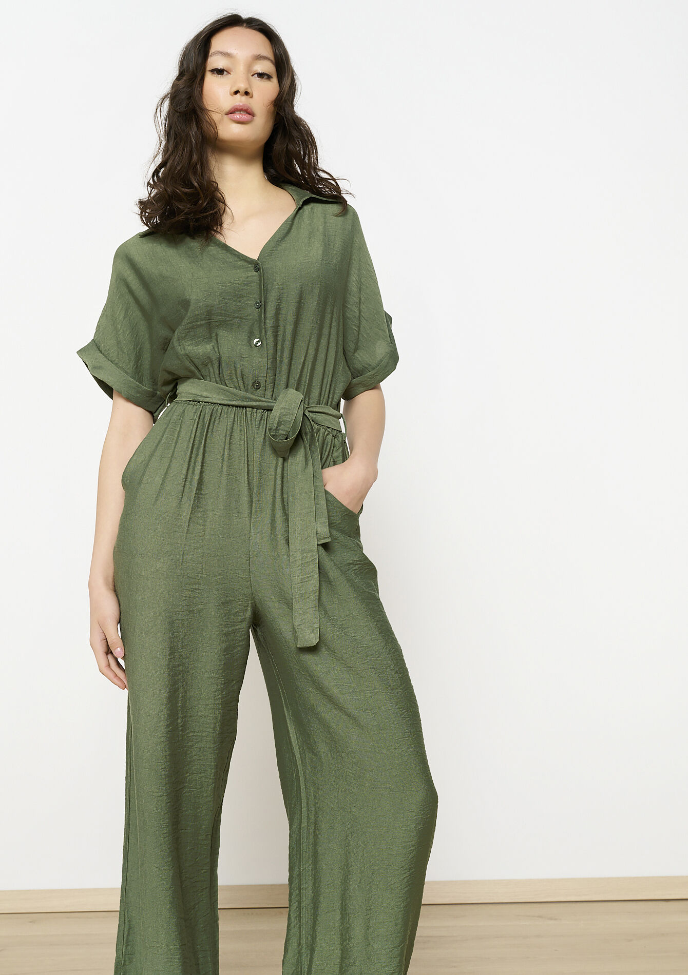 Belted buttoned jumpsuit - KHAKI MED - 06004602_4327
