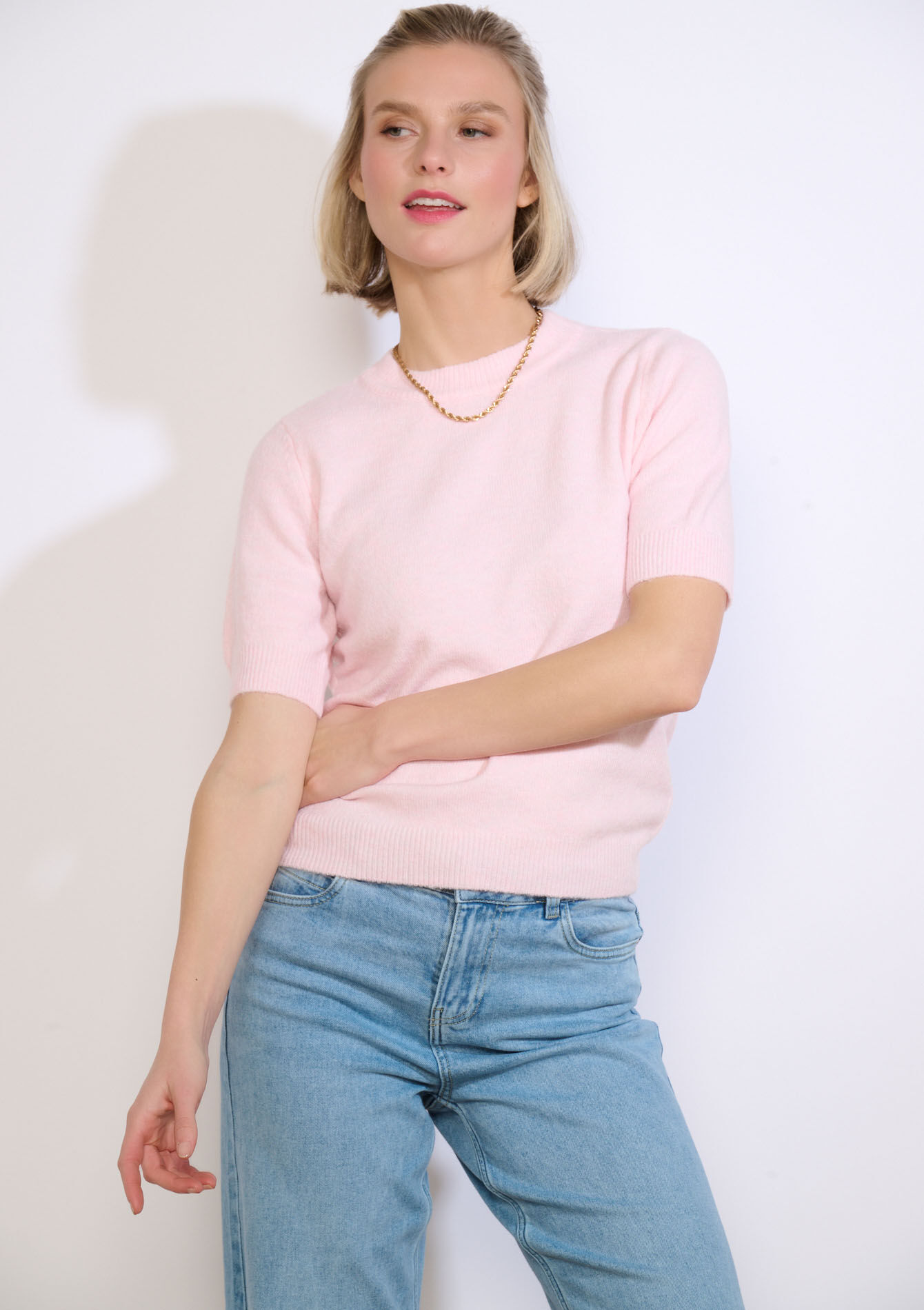 Zachte trui met korte mouwen - LIGHT PINK - 04007031