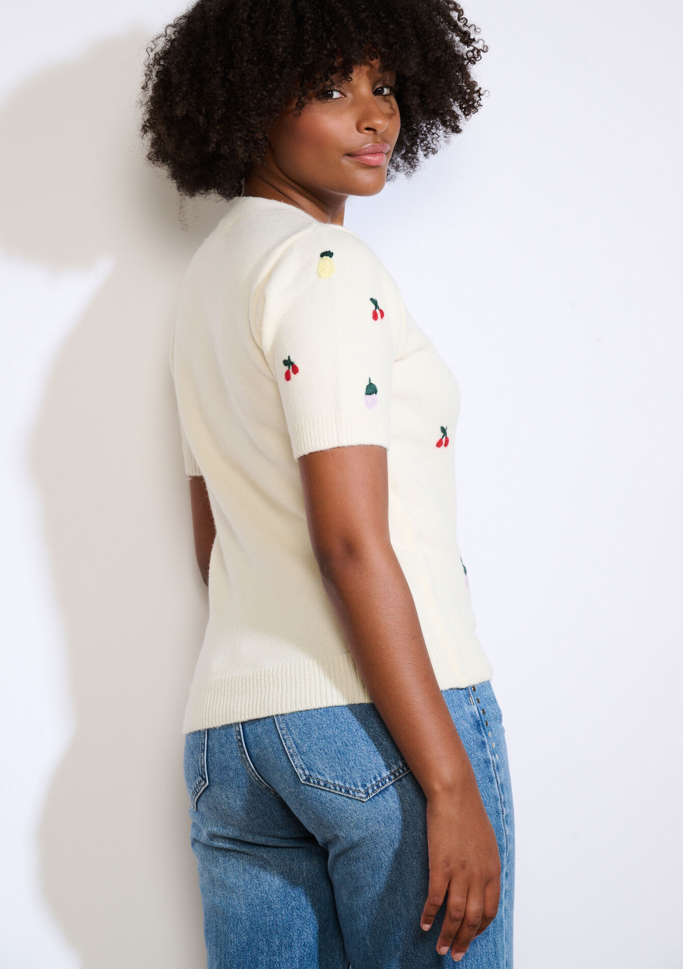 Embroidered fruit knit - VANILLA WHITE - 04006982