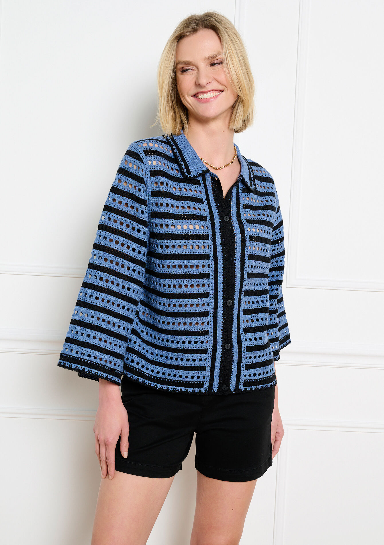Ajoure gebreid cardigan - NAVY BASIC - 04101436_2723
