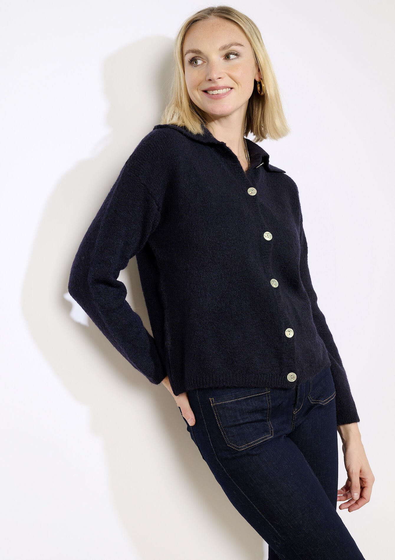 Polo collar knit cardigan, , detail_model