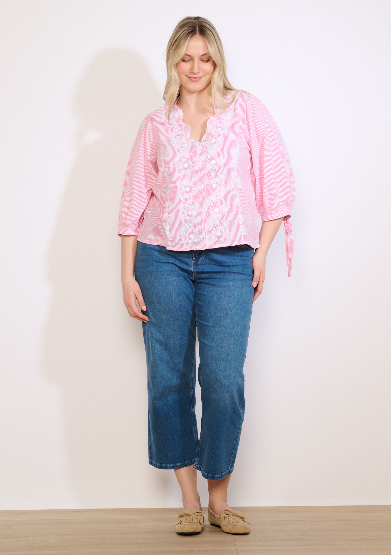 Geborduurde gestreepte blouse - LIGHT PINK - 05702944_1303
