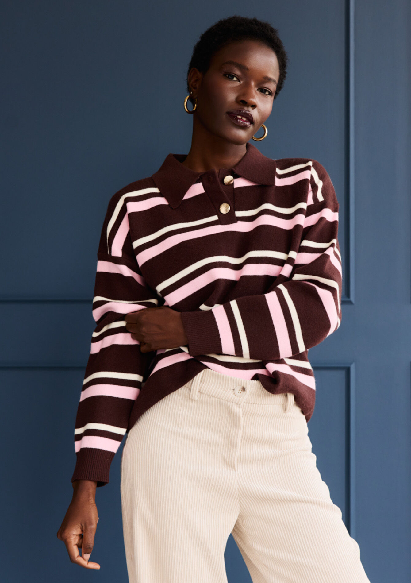Soft striped polo knit, Soft striped polo knit - BROWN DARK CHOCOLATE - 04007125