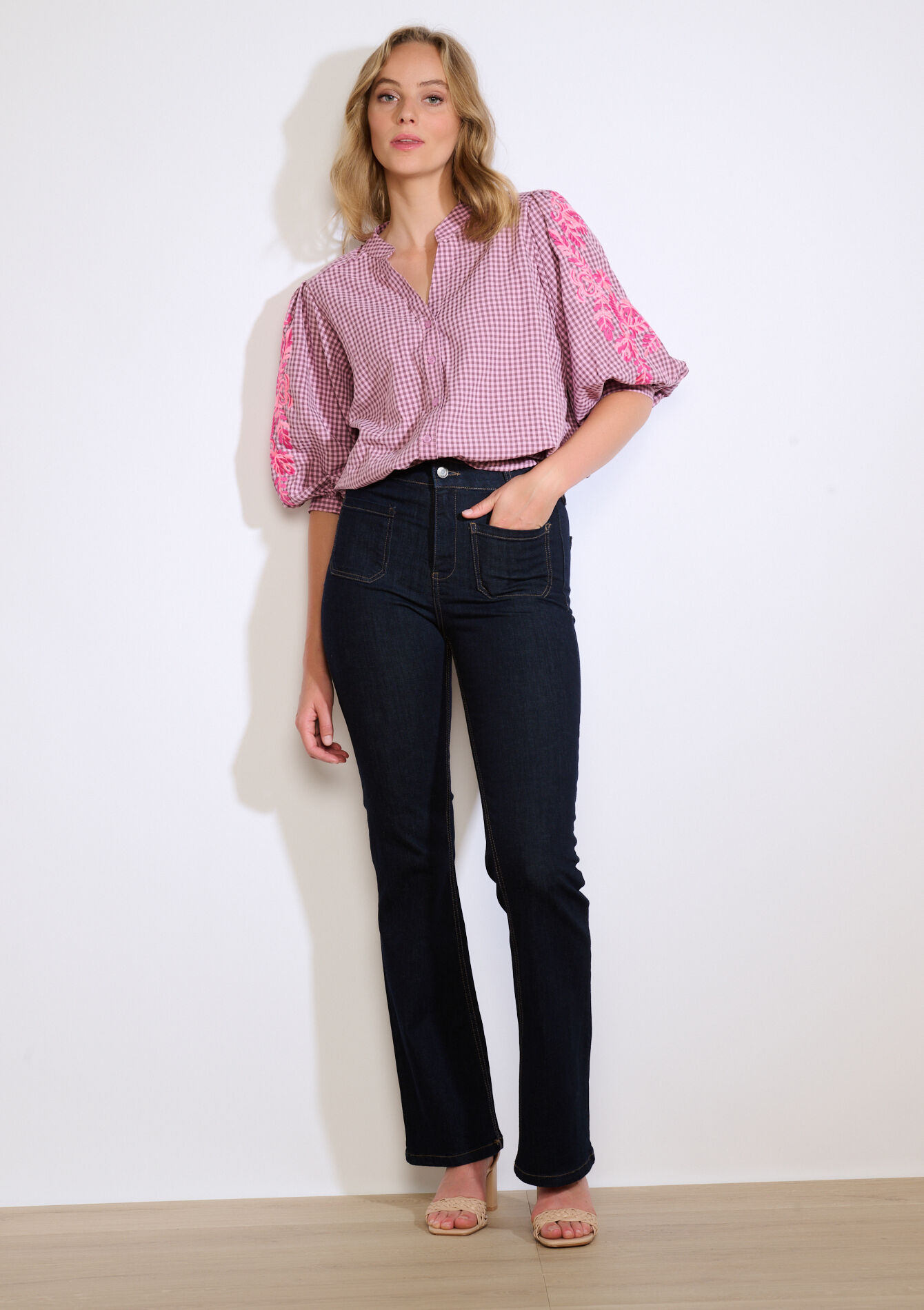 Embroidered gingham shirt, Embroidered gingham shirt - PINK BUBBLEGUM - 05702912_1477