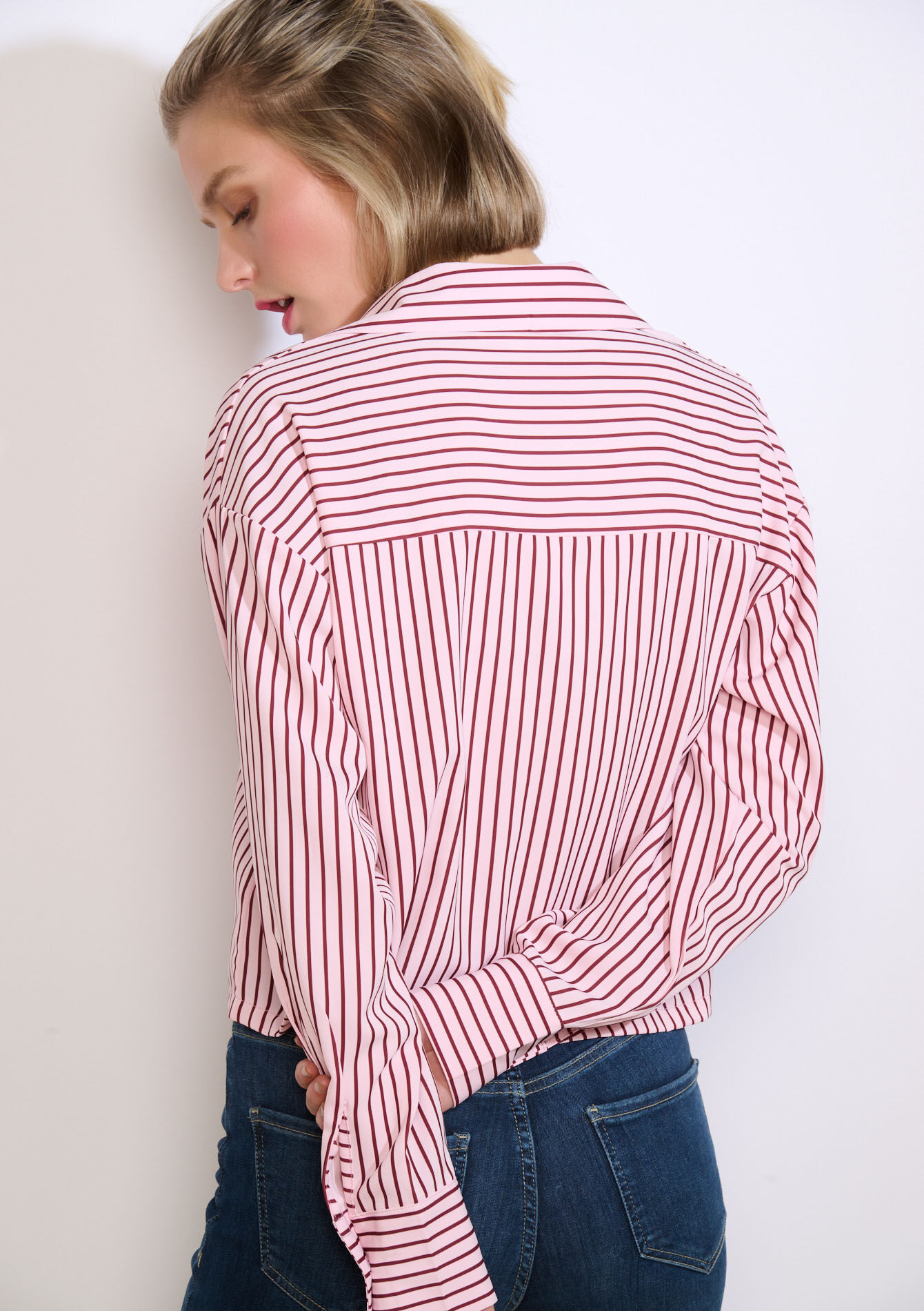 Cropped gestreept poplin hemd - COSMETIC PINK - 05703040_5733