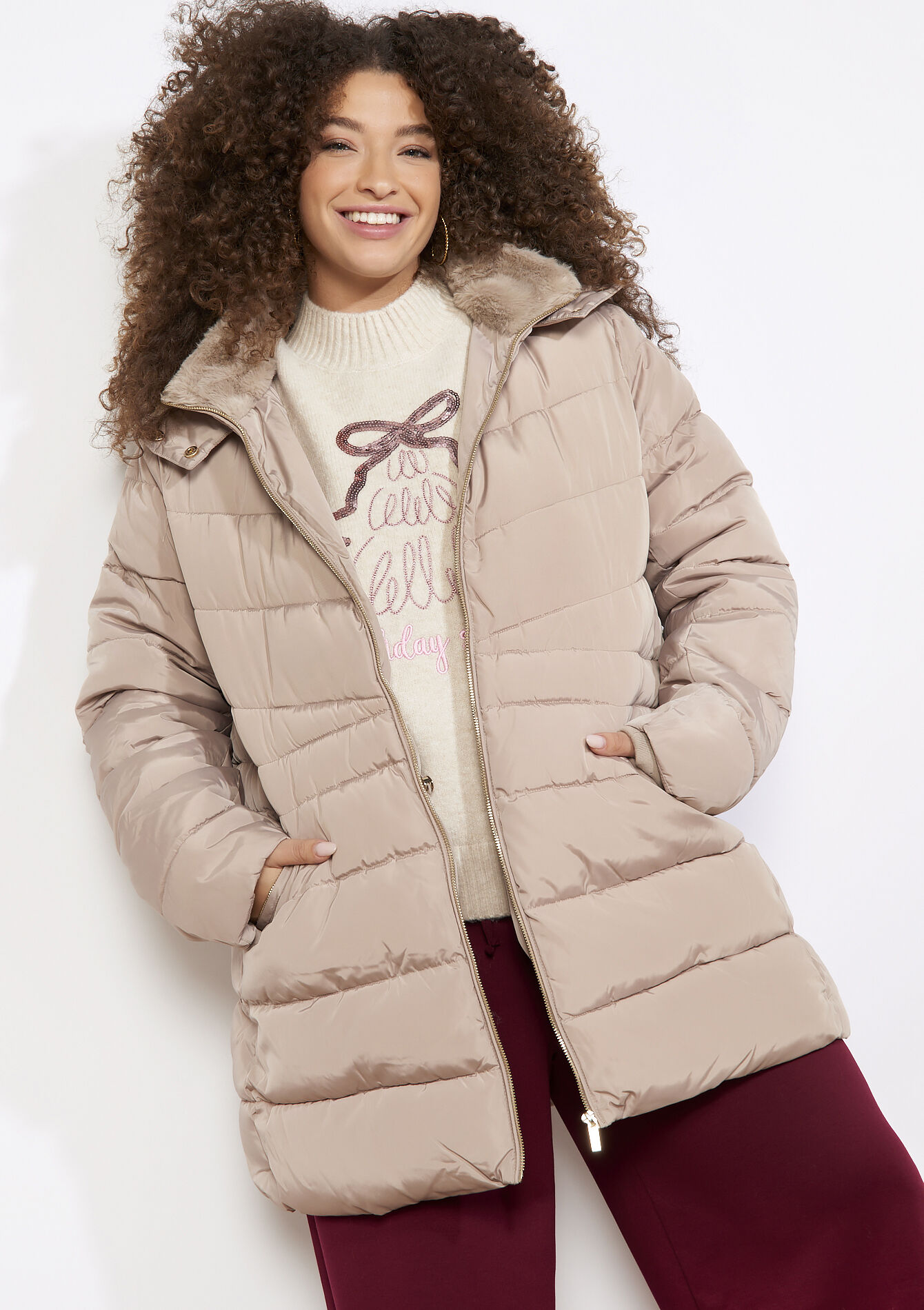 Gewatteerde jas met imitatiebontkap, Gewatteerde jas met imitatiebontkap - LT BEIGE - 23000755_2527