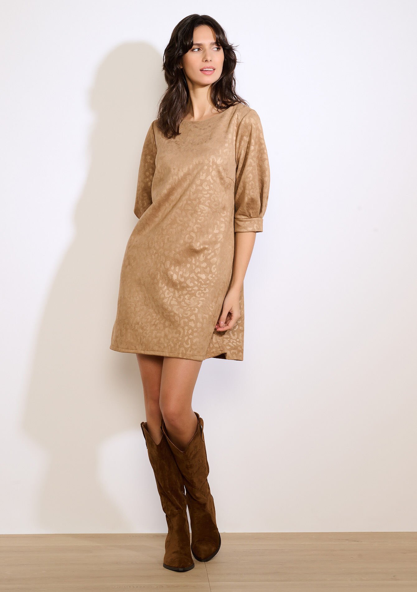 Robe droite en suédine léopard, Robe droite en suédine léopard - CAMEL GINGER - 08104384_3831