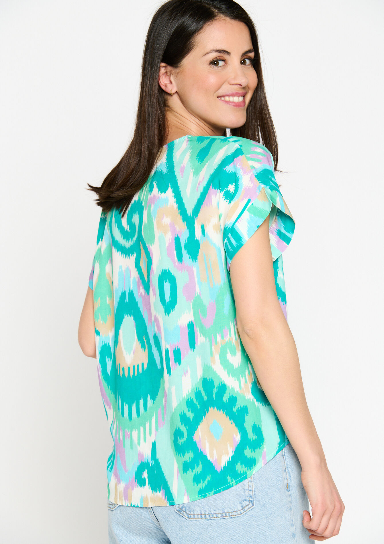 Blouse with ikat print, Blouse with ikat print - TURQUOISE - 05702240_1759