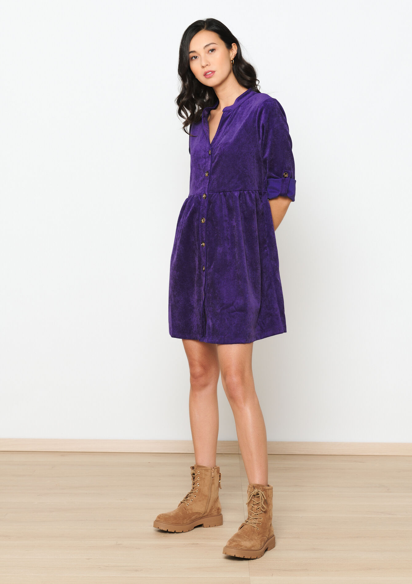 Robe-chemise en velours côtelé, Robe-chemise en velours côtelé - PURPLE - 08103467_5902
