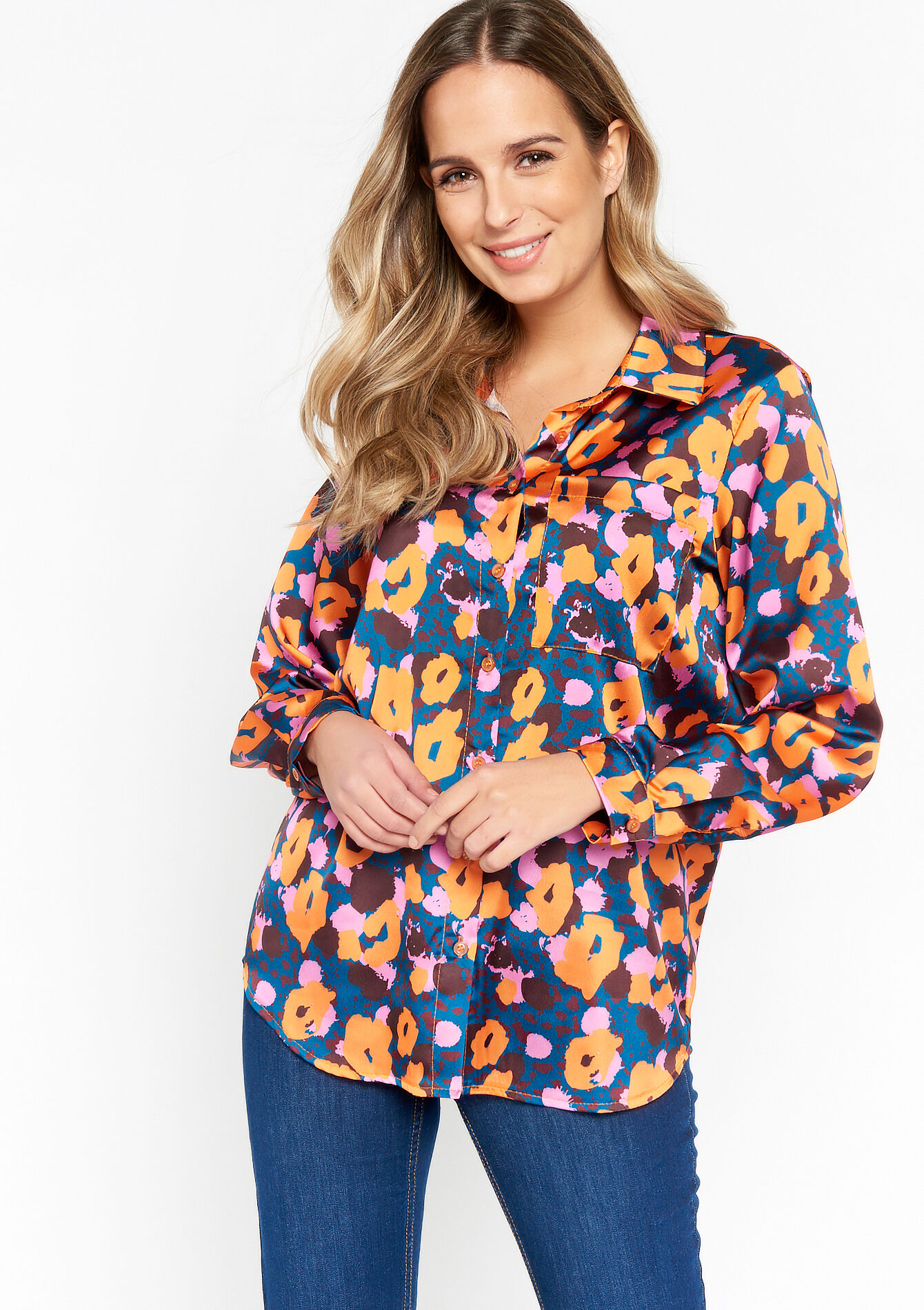 Satin shirt with print, Satin shirt with print - RED ORANGE - 05702113_1397