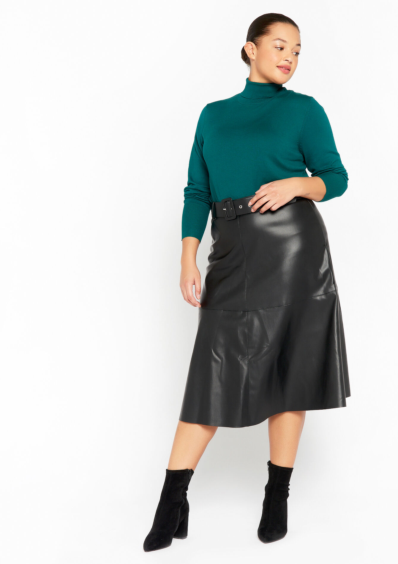 Midi-rok in faux leder, Midi-rok in faux leder - BLACK - 07101027_1119