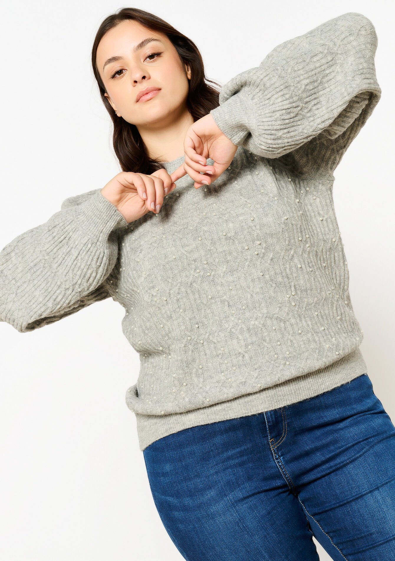 Trui met parels - GREY MED MEL - 04006571_3507