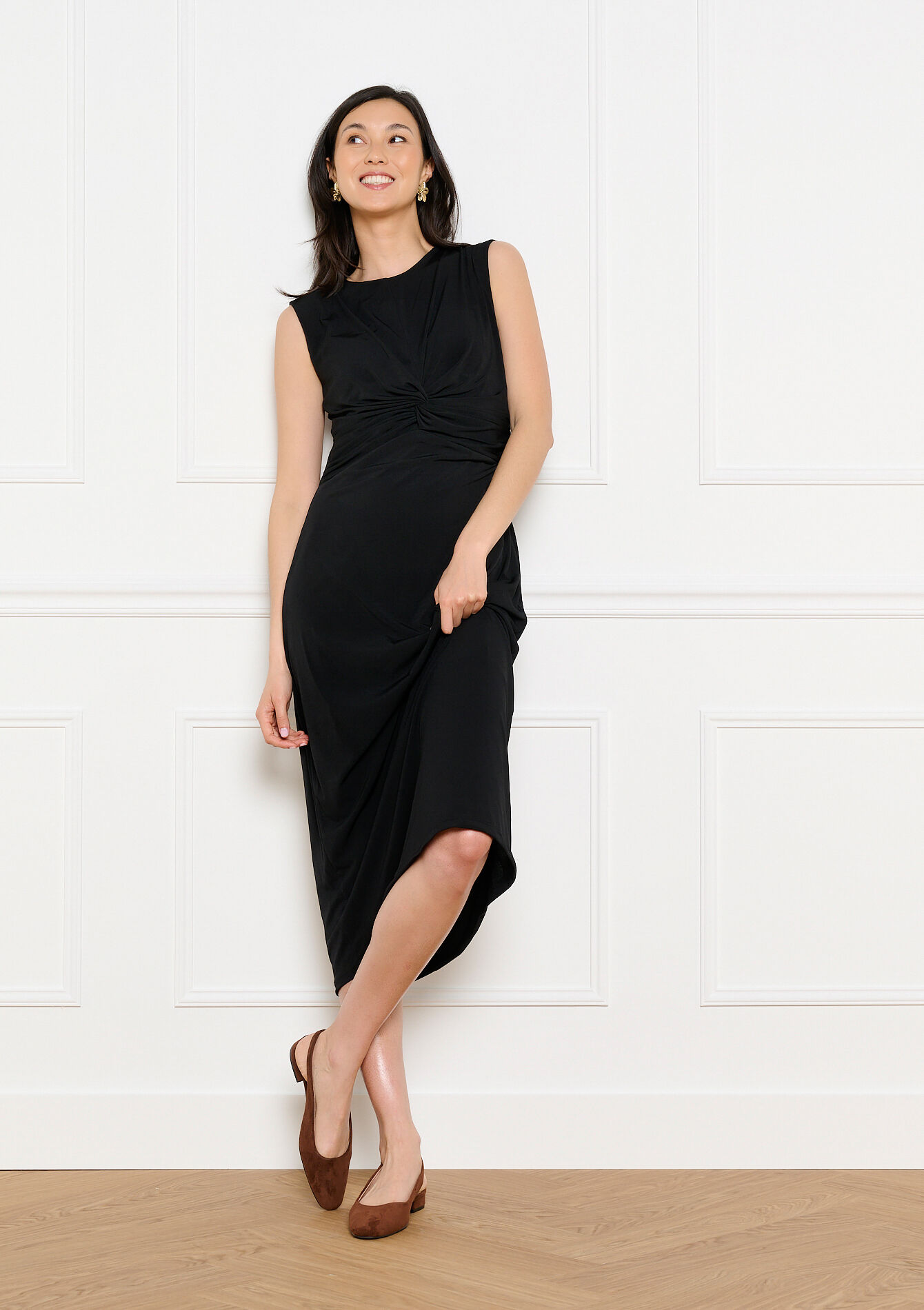 Mouwloze midi jurk met drapage - BLACK - 08104470_1119