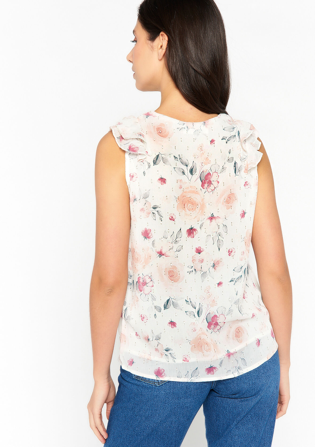 Mouwloze blouse met bloemenprint - OPTICAL WHITE - 05702071