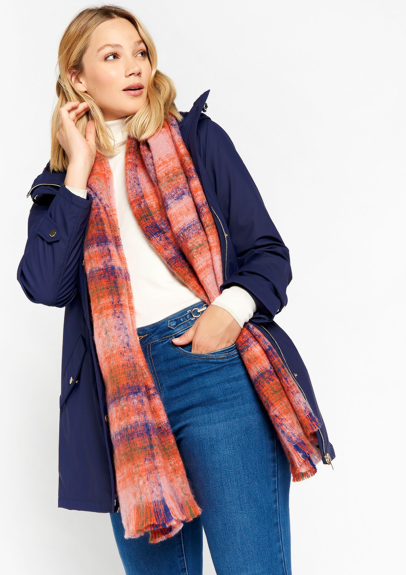 Geruite sjaal met franjes, Geruite sjaal met franjes - ORANGE BRIGHT - 1080196