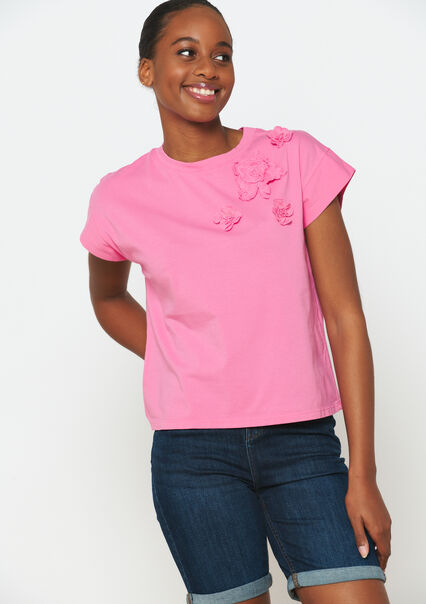 T-shirt with applicated flowers - PINK BUBBLEGUM - 02301557_1477