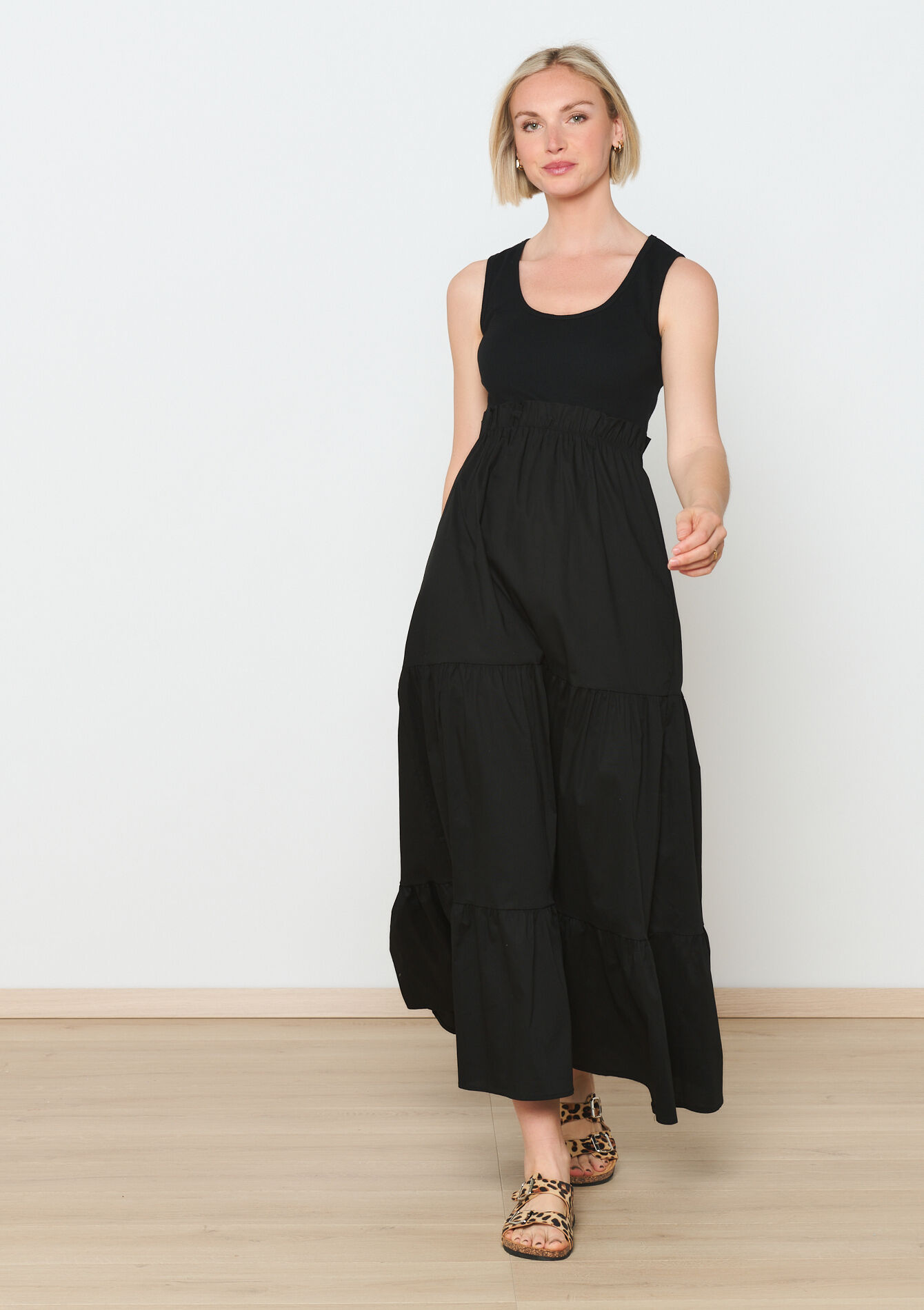 Poplin dress with ribbed top, Poplin dress with ribbed top - BLACK - 08103635_1119