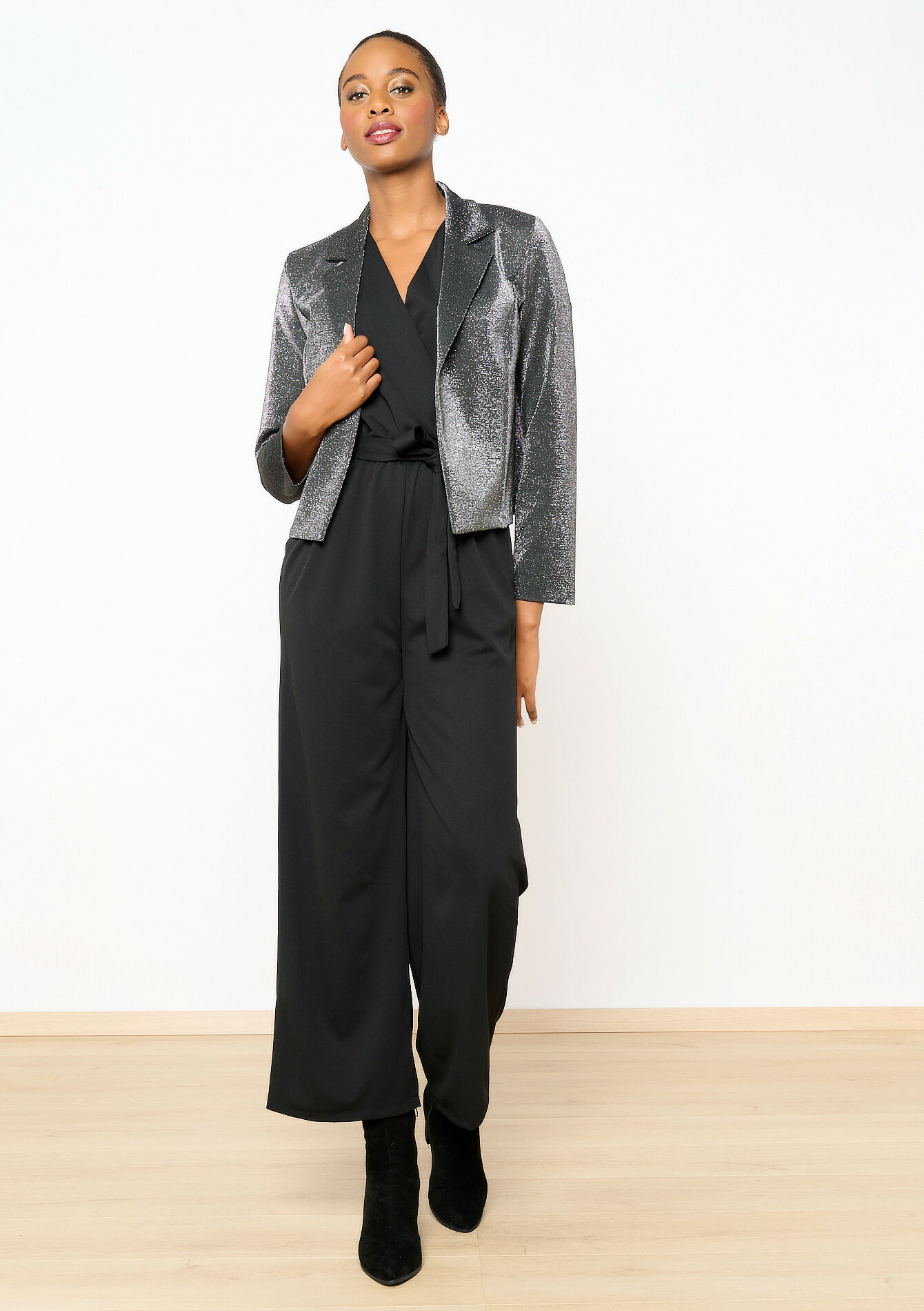 Cropped shiny blazer, Cropped shiny blazer - BLACK - 09100886_1119