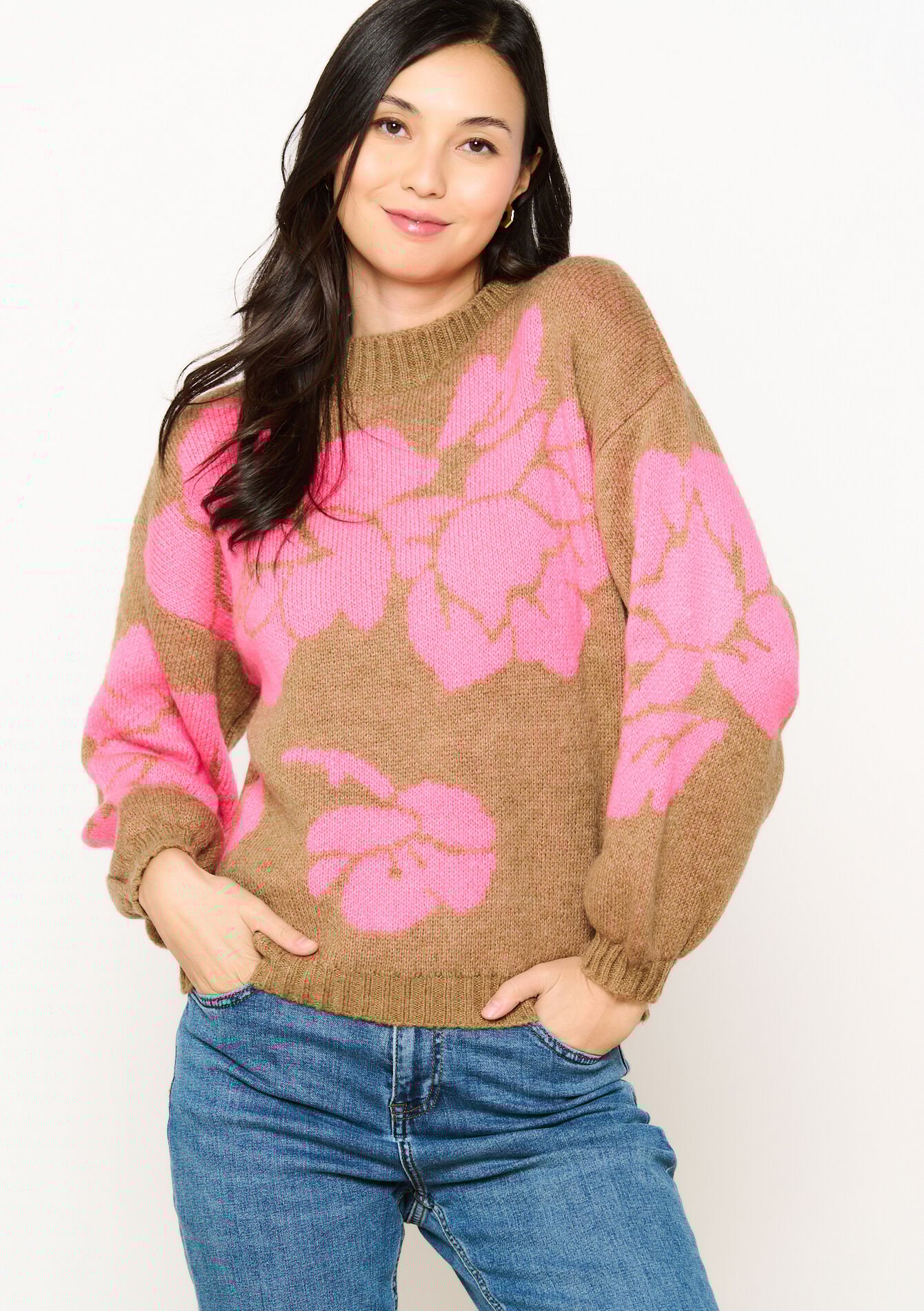 Jacquard trui met bloemenprint - TAUPE - 1120014