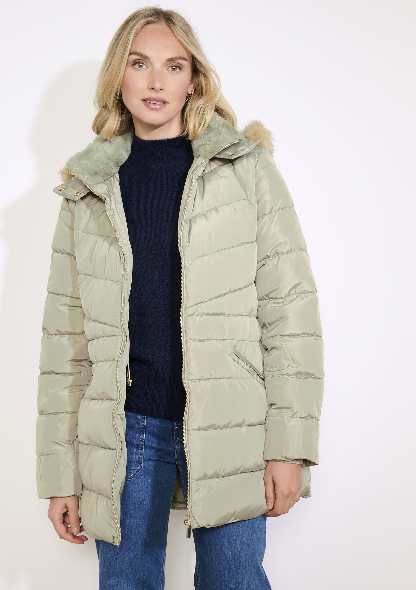 Doudoune capuche bord fourrure, , back