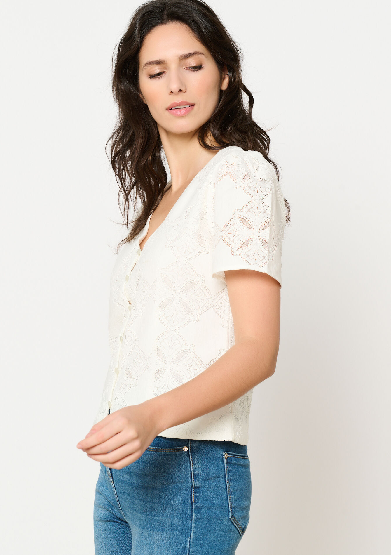 Blouse with lace - OPTICAL WHITE - 05702668_1019