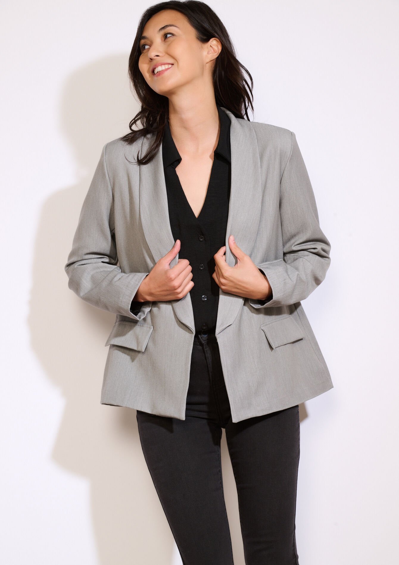 Losvallende open blazer, , back