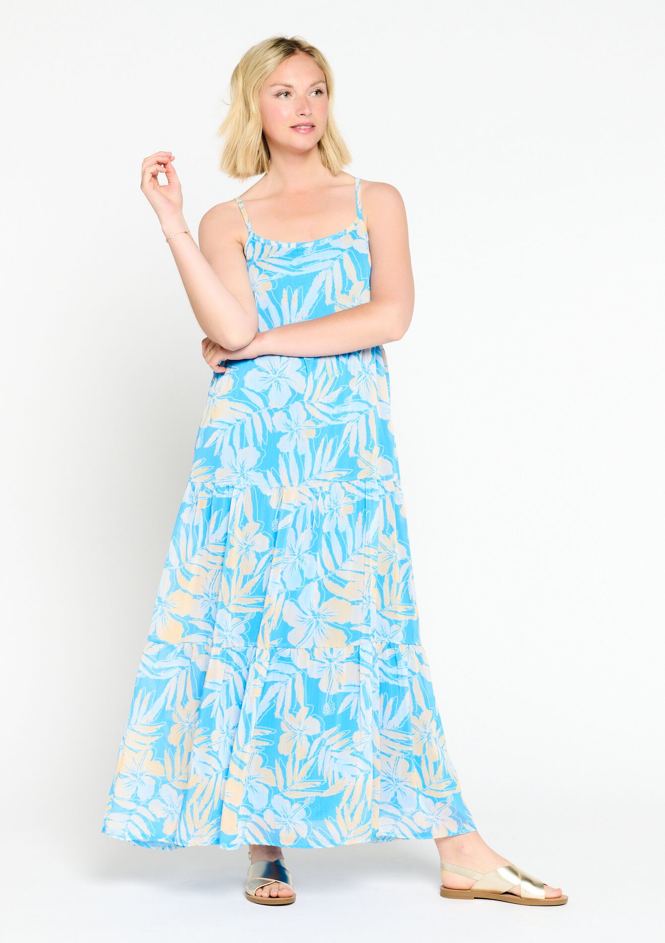 Long A-line dress with floral print, Long A-line dress with floral print - BLUE FAIENCE - 08602036_1584