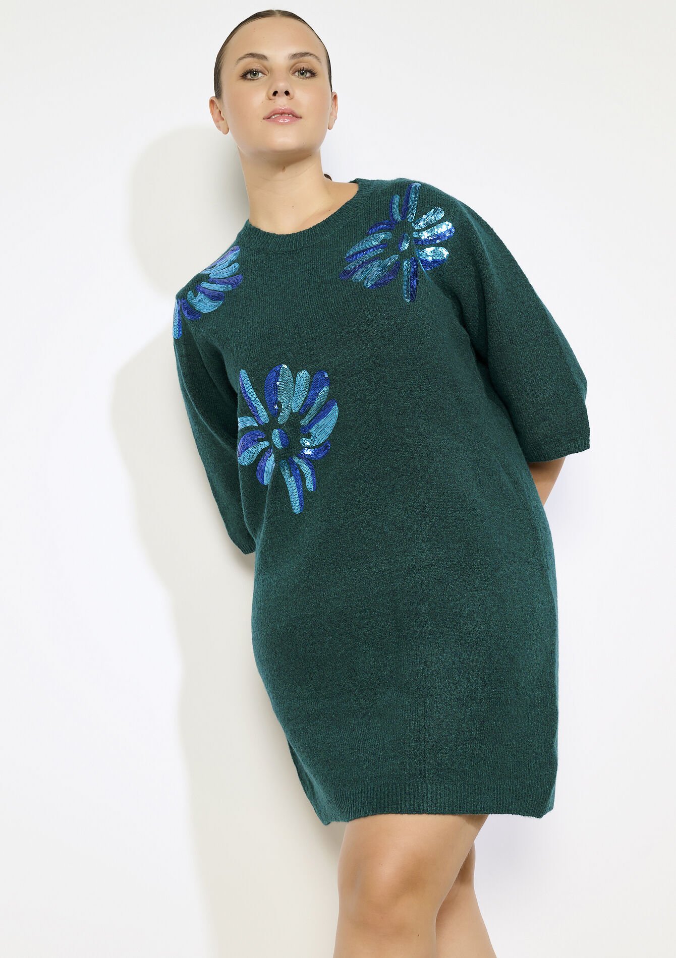 gebreide jurk met bloemenborduursel, gebreide jurk met bloemenborduursel - BOTTLE GREEN - 08104284_1778