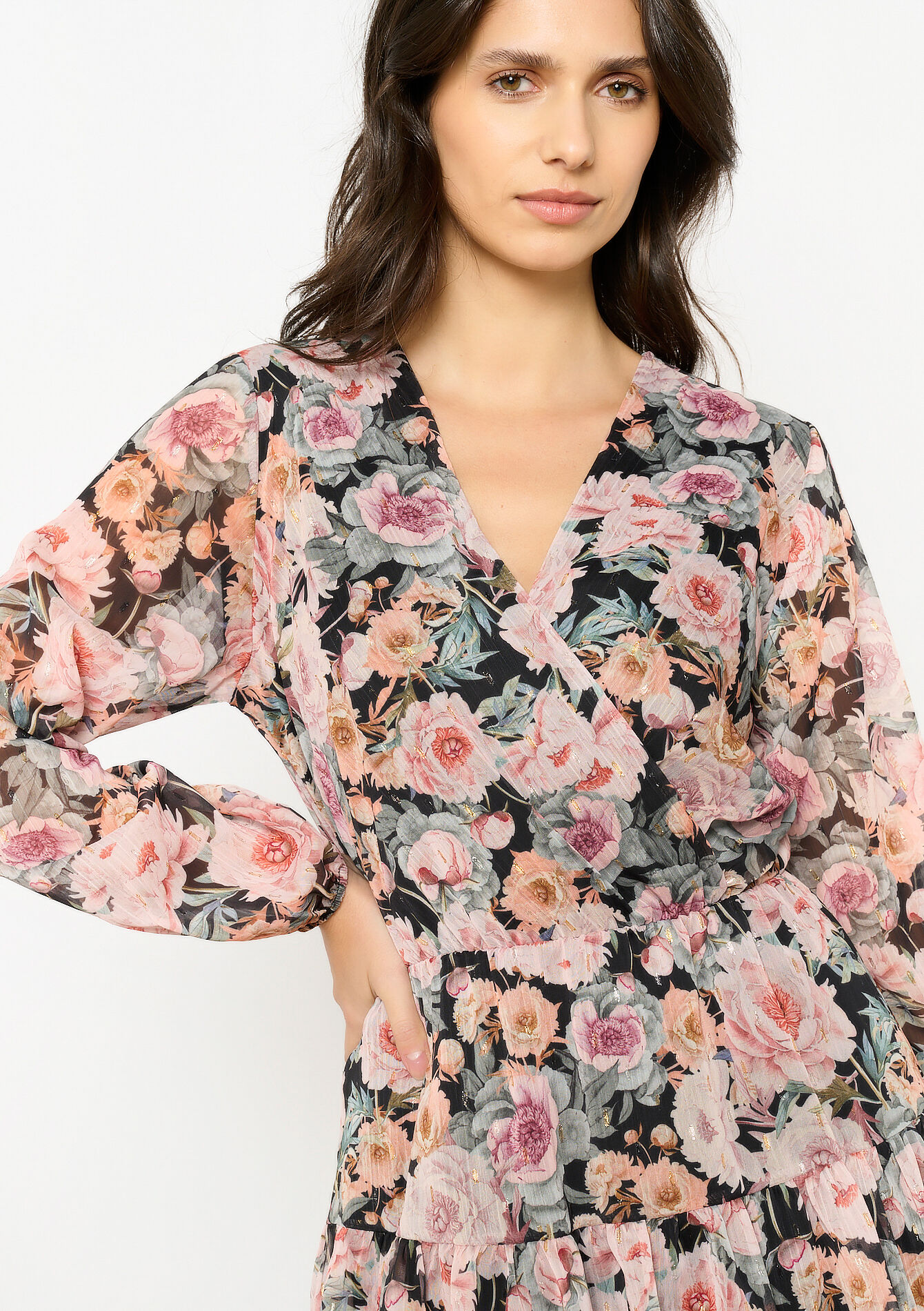 Robe cache-coeur à imprimé fleuri, Robe cache-coeur à imprimé fleuri - BLACK - 08104001